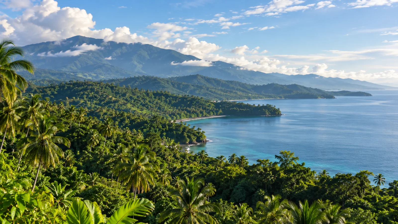 Tropical hills above calm Davao Gulf water