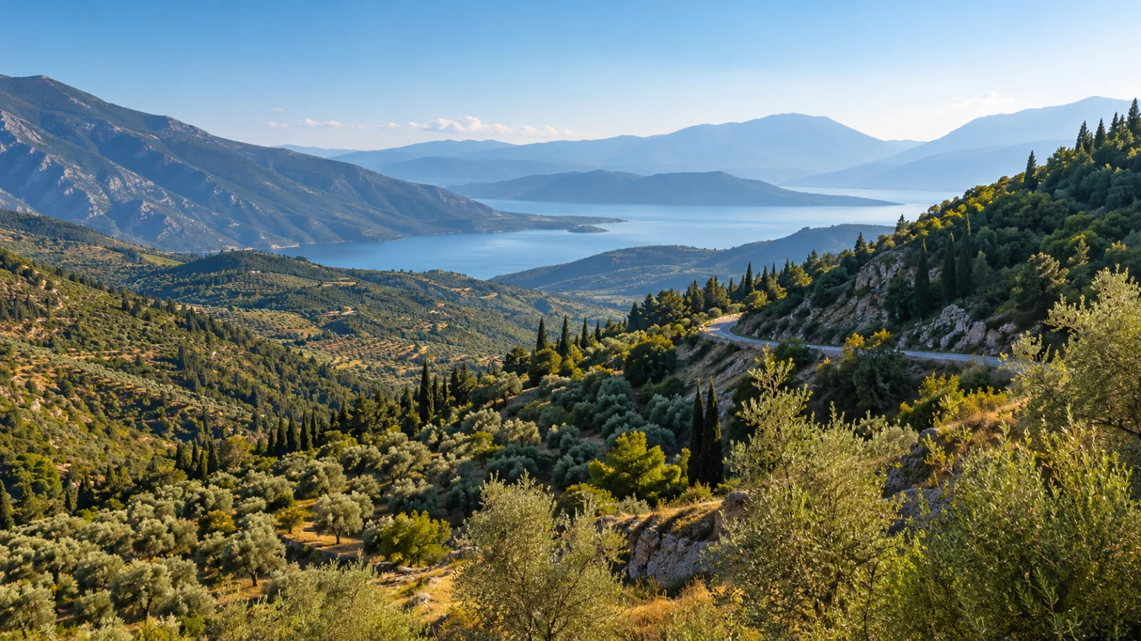 Olive-covered mountain slopes above a wide blue inlet