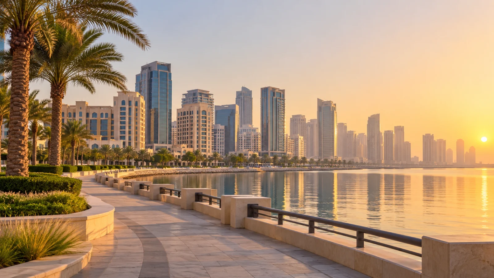 Palm-lined waterfront promenade beneath a modern city skyline