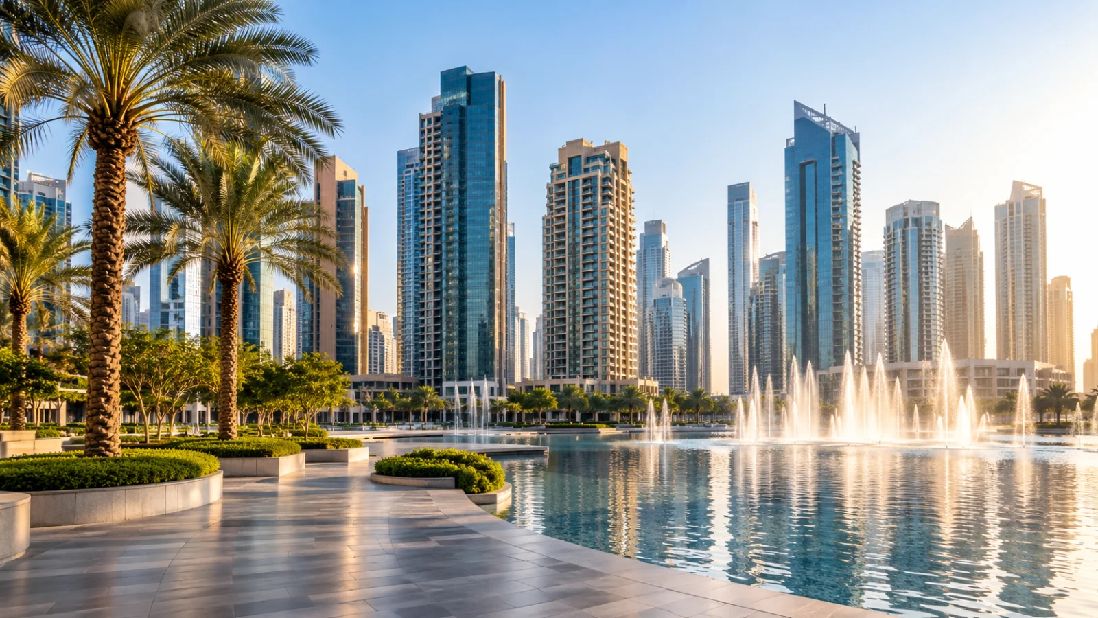 Palm-lined city plaza and fountains beneath modern towers