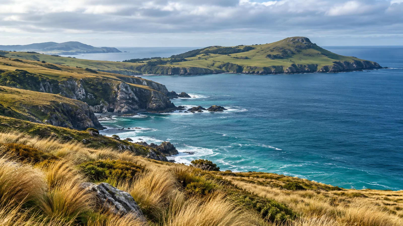 Tussock-covered Otago bluffs above the sea