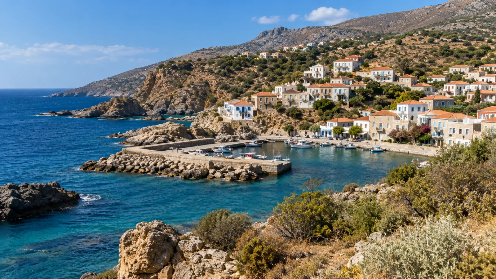 Rocky coast and village houses above a small fishing harbour