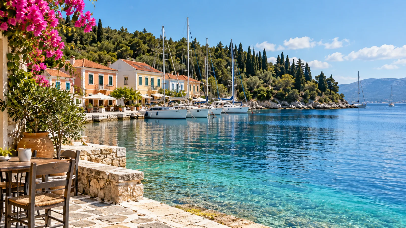 Pastel waterfront houses and sailboats in a sheltered harbour