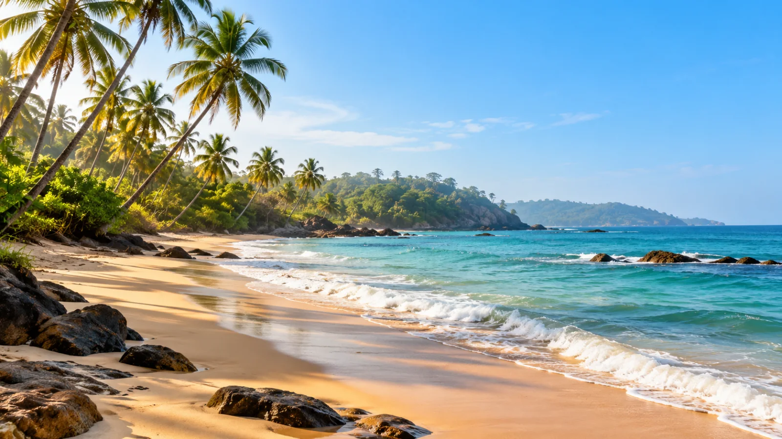 Coconut palms beside a quiet Goan coast