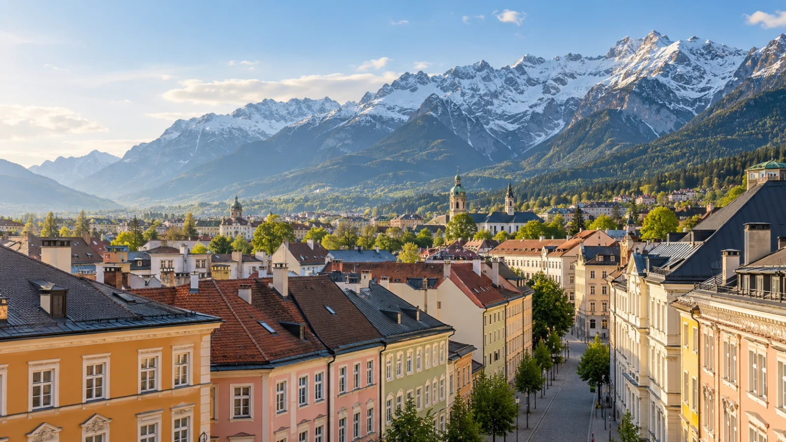Alpine city rooftops beneath snow-dusted mountains