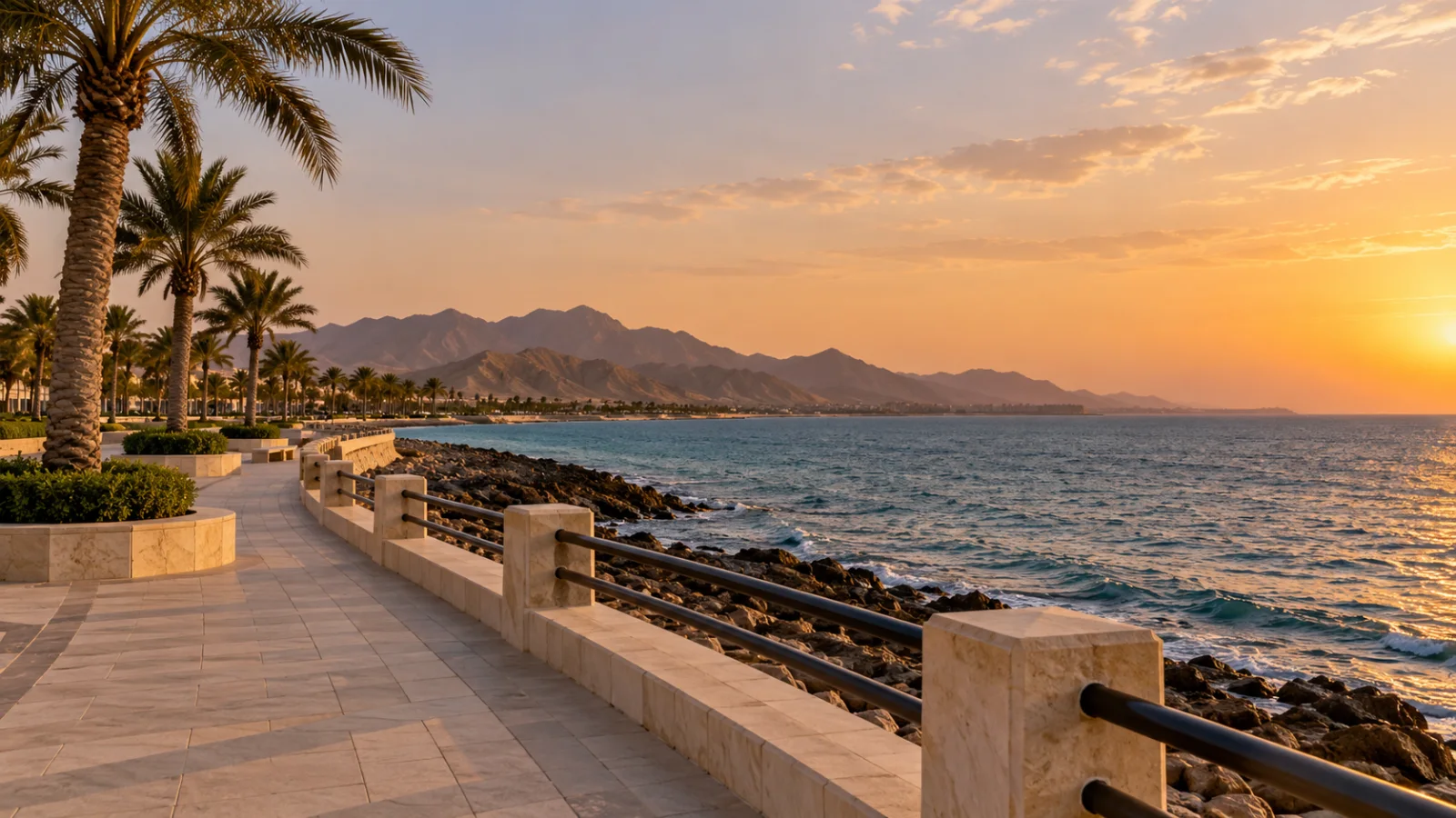 Pale stone shore and calm Red Sea water at dusk