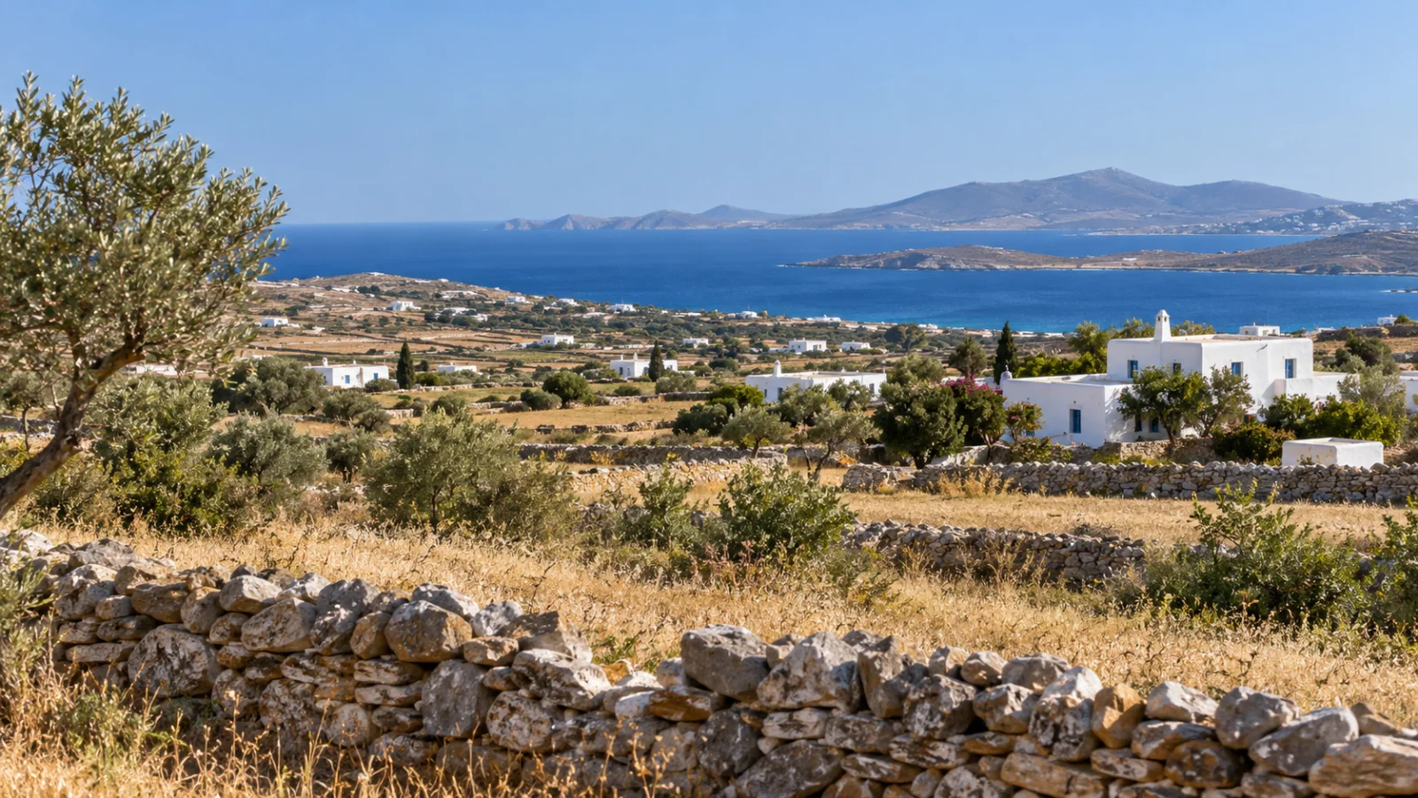 Dry-stone walls and white houses in rural island hills