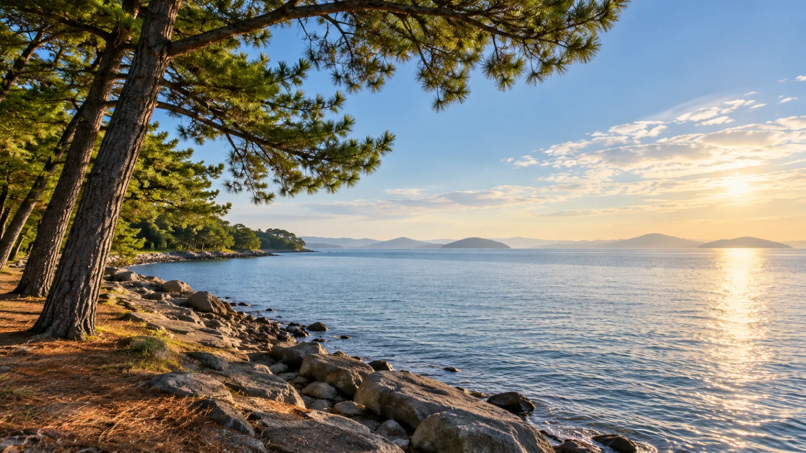 Coastal pines and a stone embankment beside calm bay water