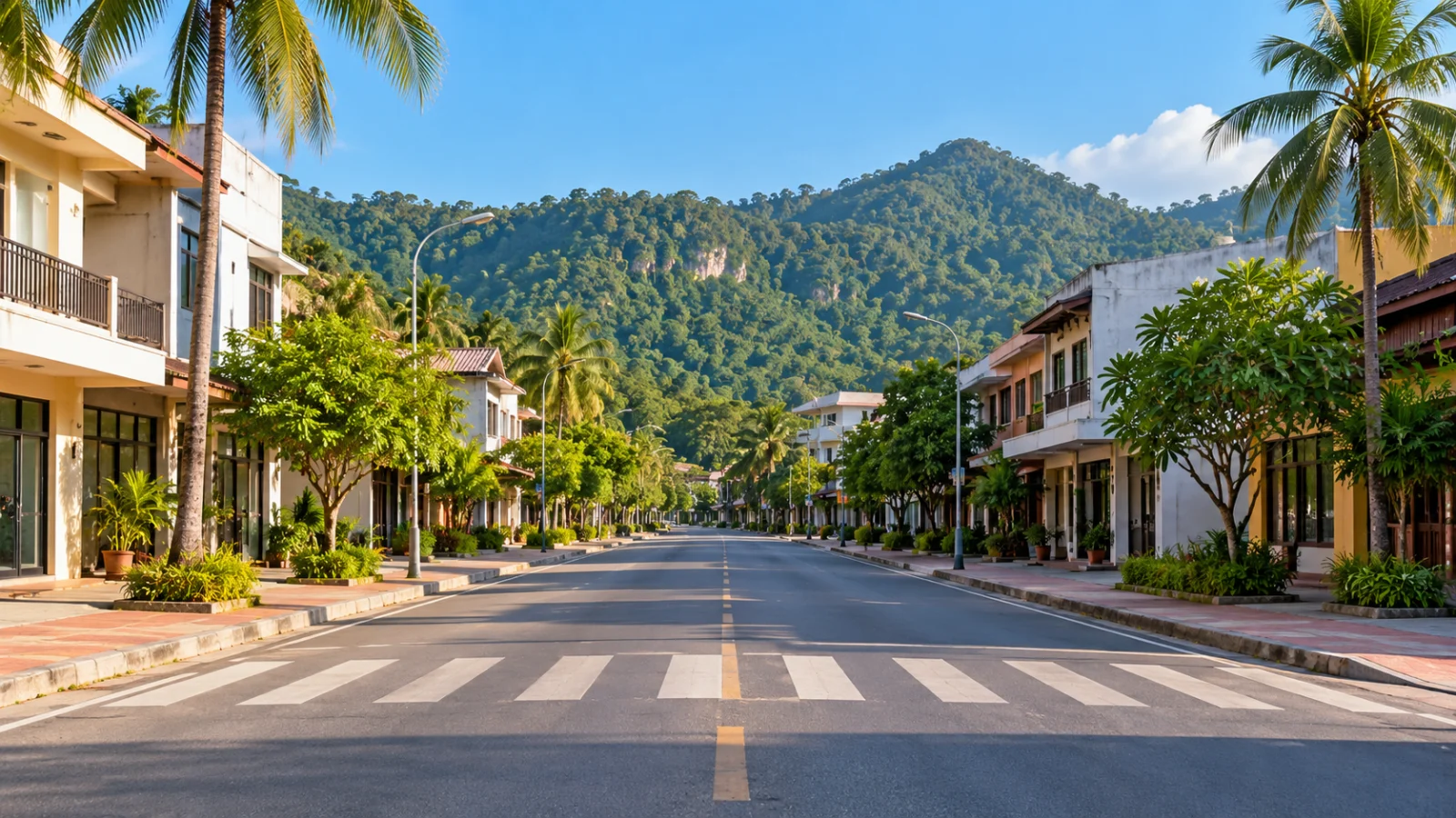 Palm-lined small-town street with green hills beyond