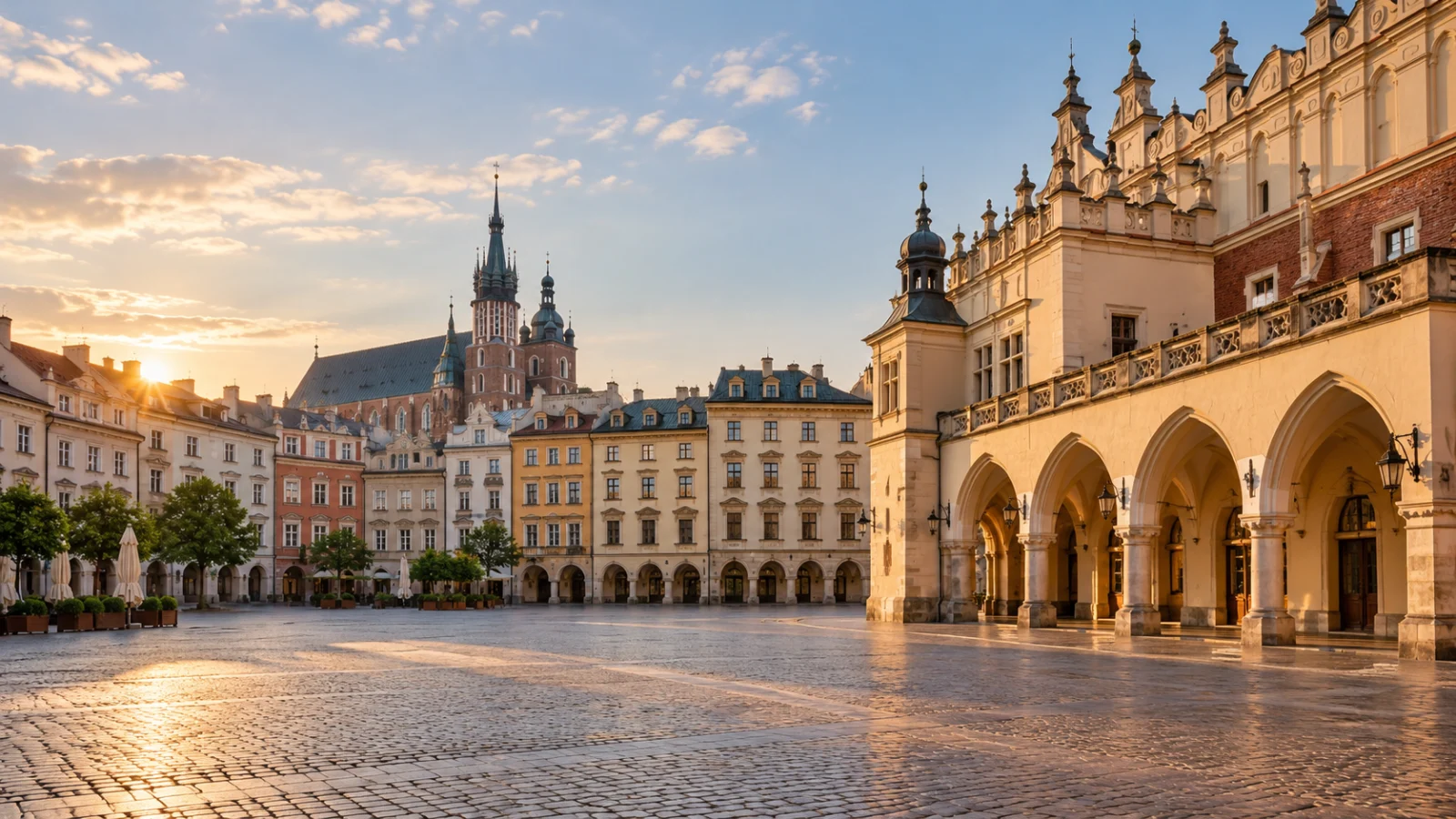 Warm stone buildings around a broad cobbled square at sunrise