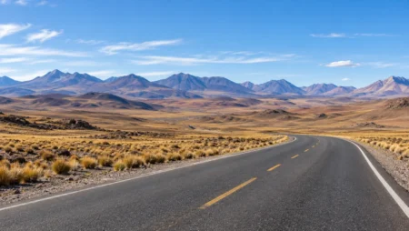 Quiet paved road across dry highland grassland beneath distant mountains