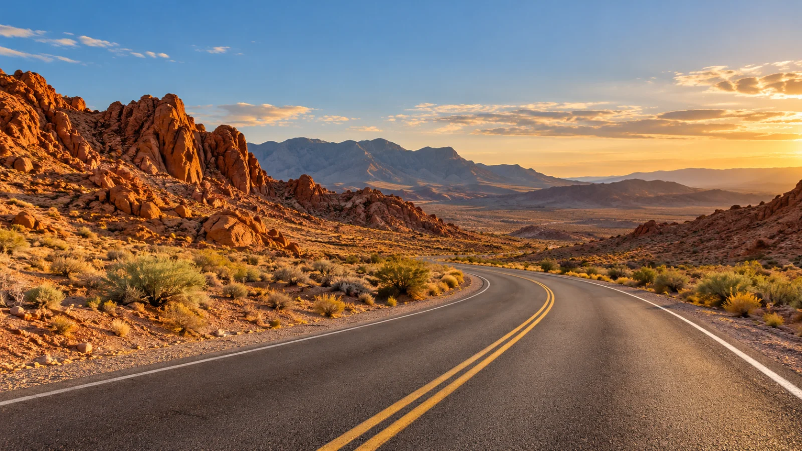Empty road curving through warm red-brown desert hills
