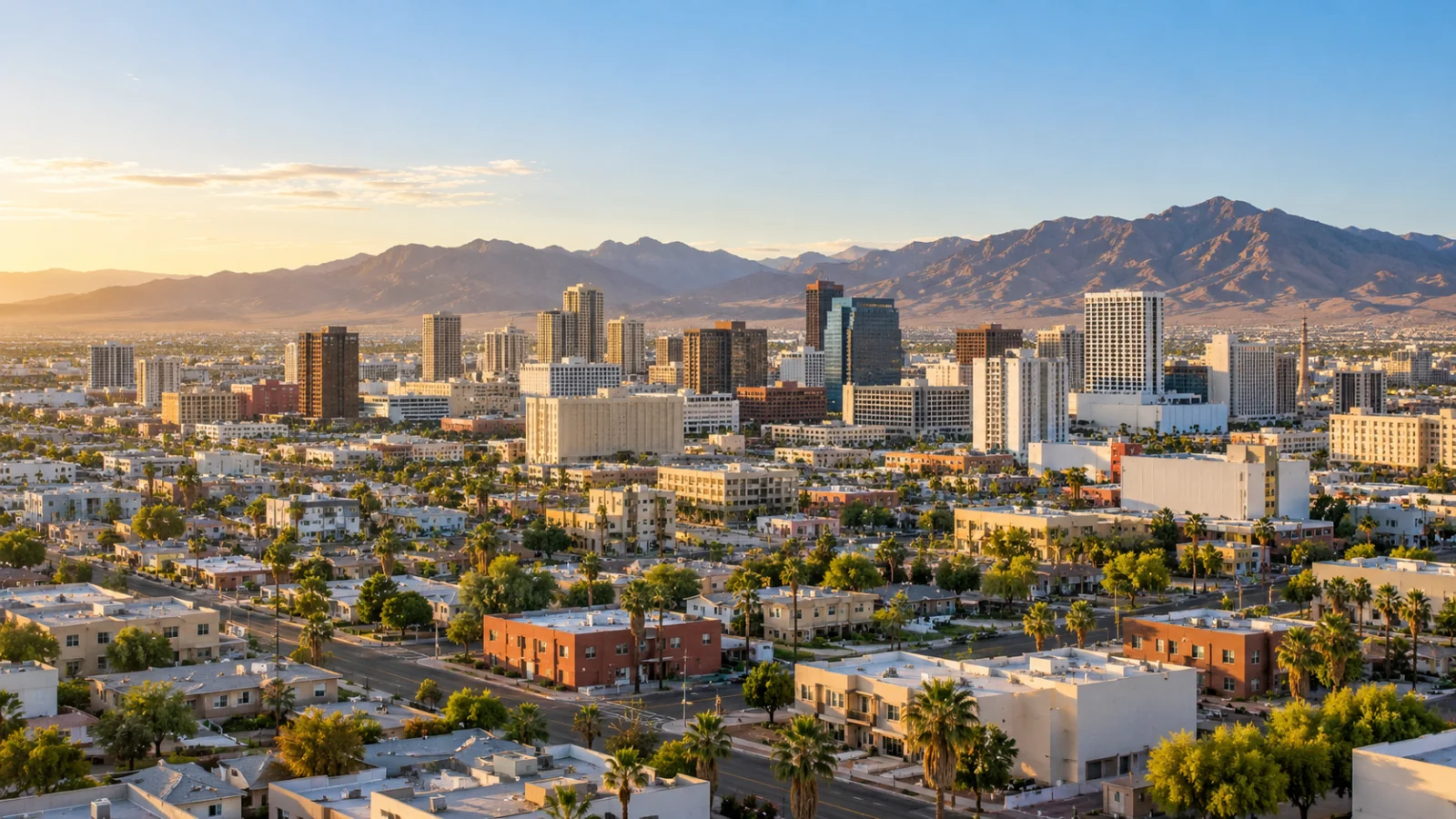 Low-rise city district beneath sunlit desert mountains