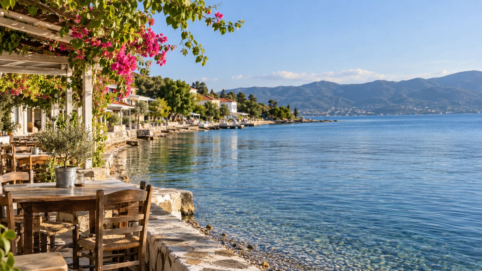 Waterfront terrace overlooking a calm gulf and distant hills