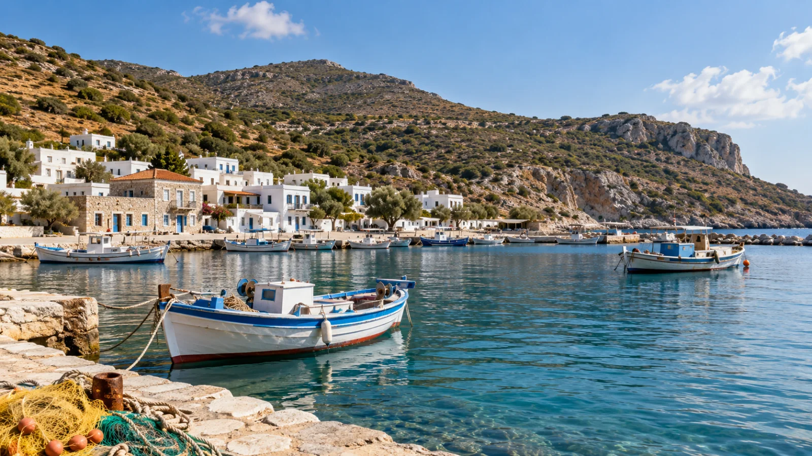 Small fishing boats and white houses in a sheltered bay
