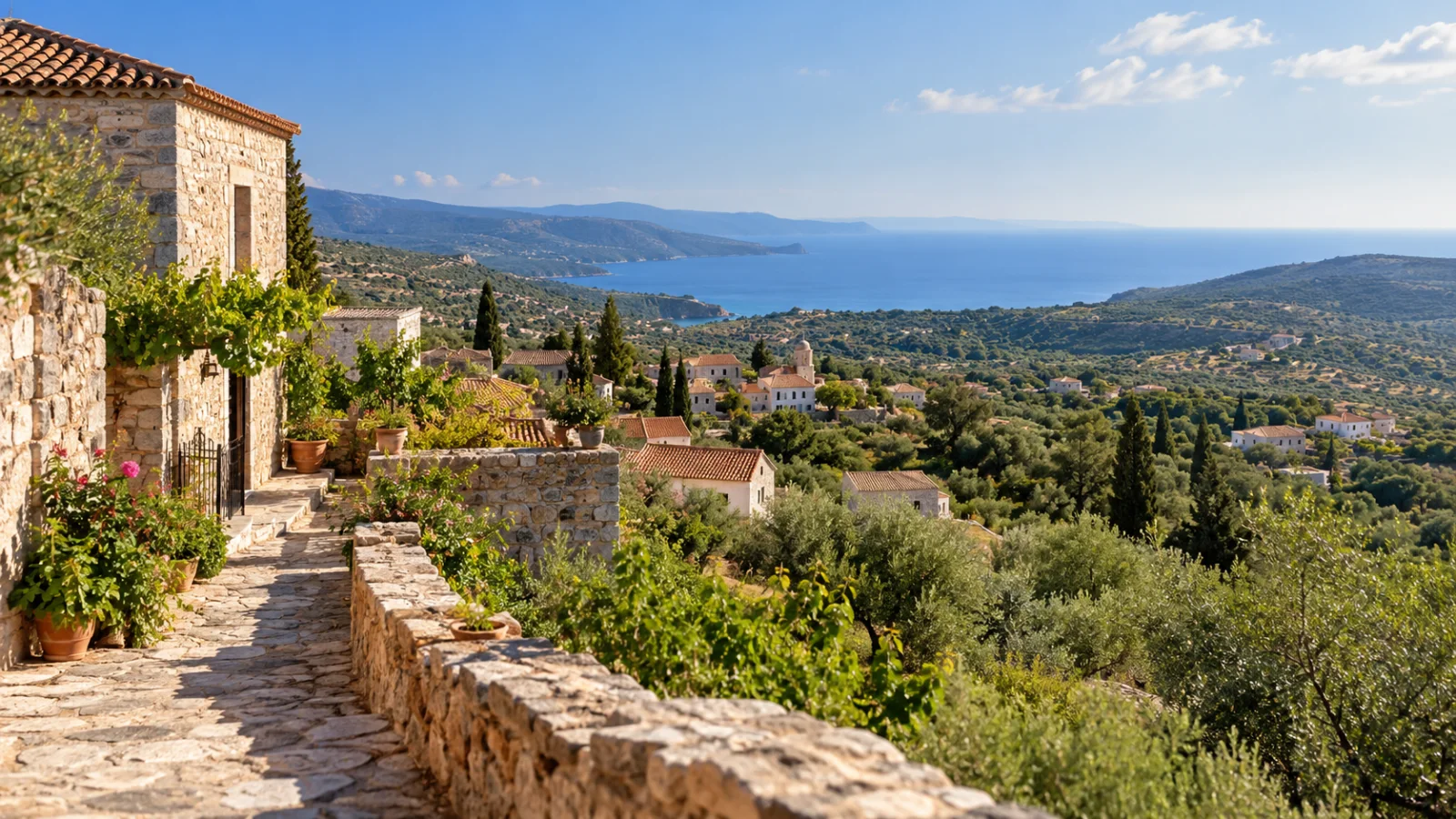 Stone village path overlooking olive groves and distant sea