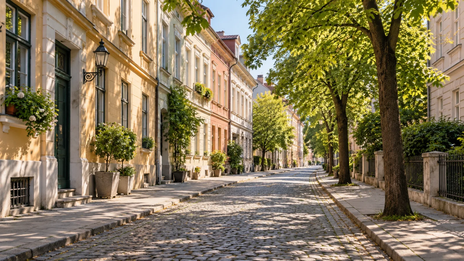Tree-lined cobblestone street between pale city buildings