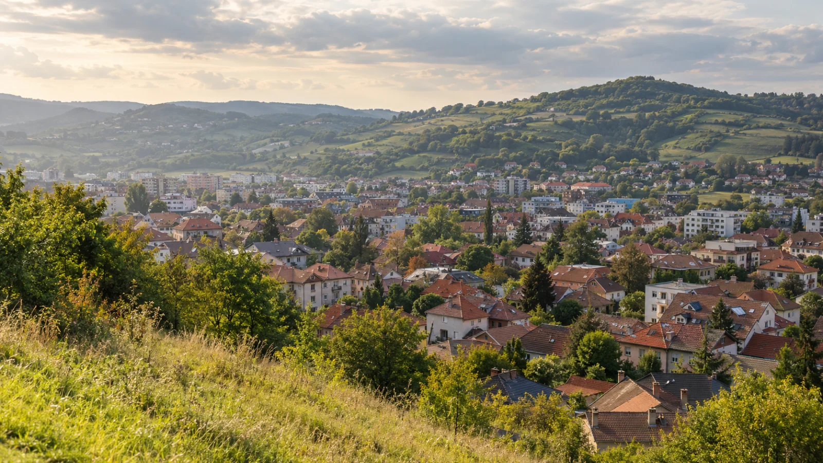Town rooftops beneath rolling green hills and a cloudy sky