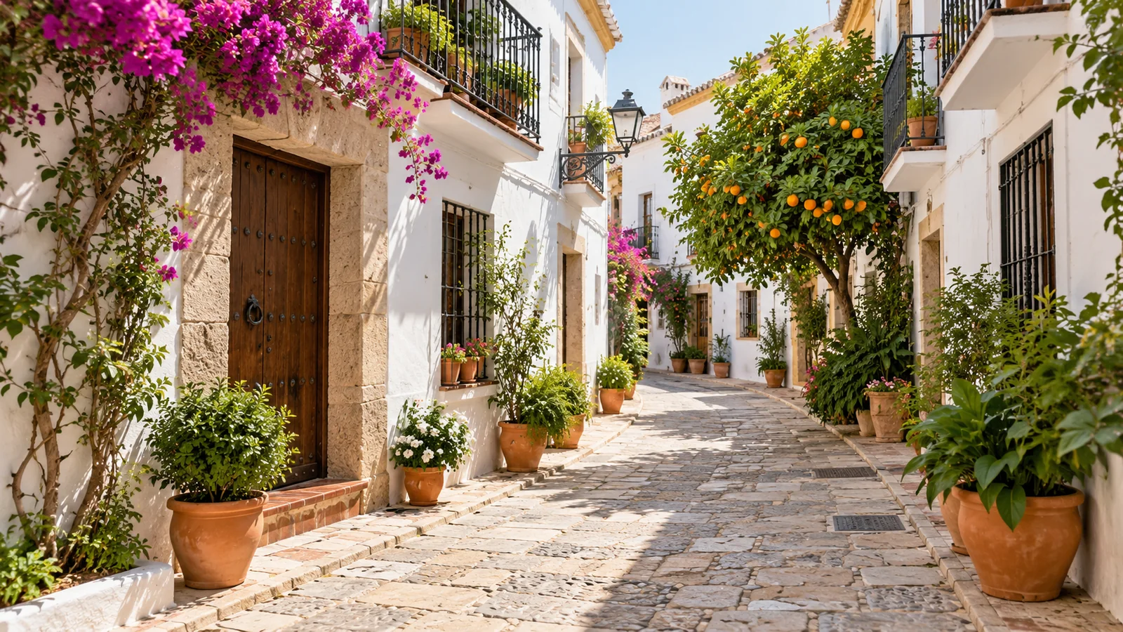 Whitewashed lane with orange tree and bougainvillea in an Andalusian old-town setting