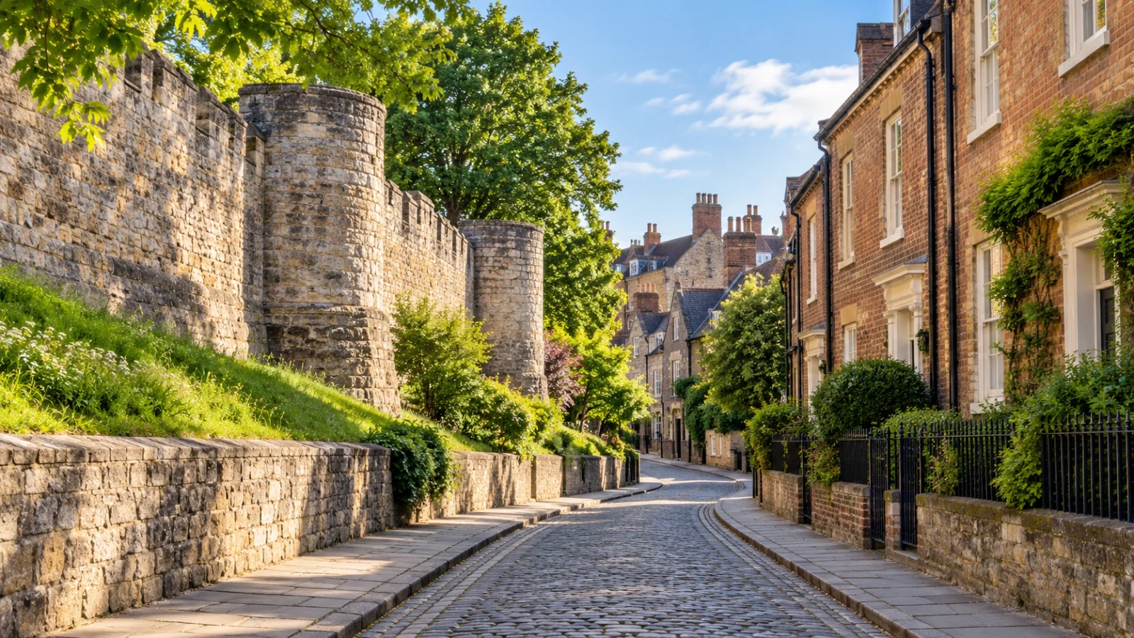 Cobblestone lane beside old stone walls and brick houses