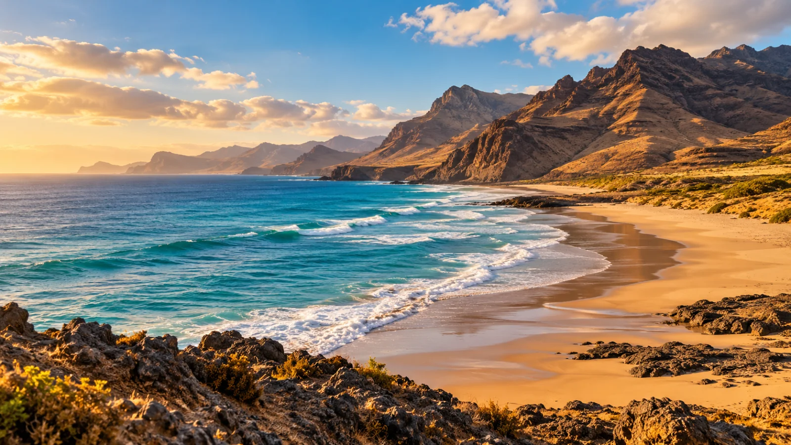 Sandy Atlantic beach below sunlit volcanic ridges
