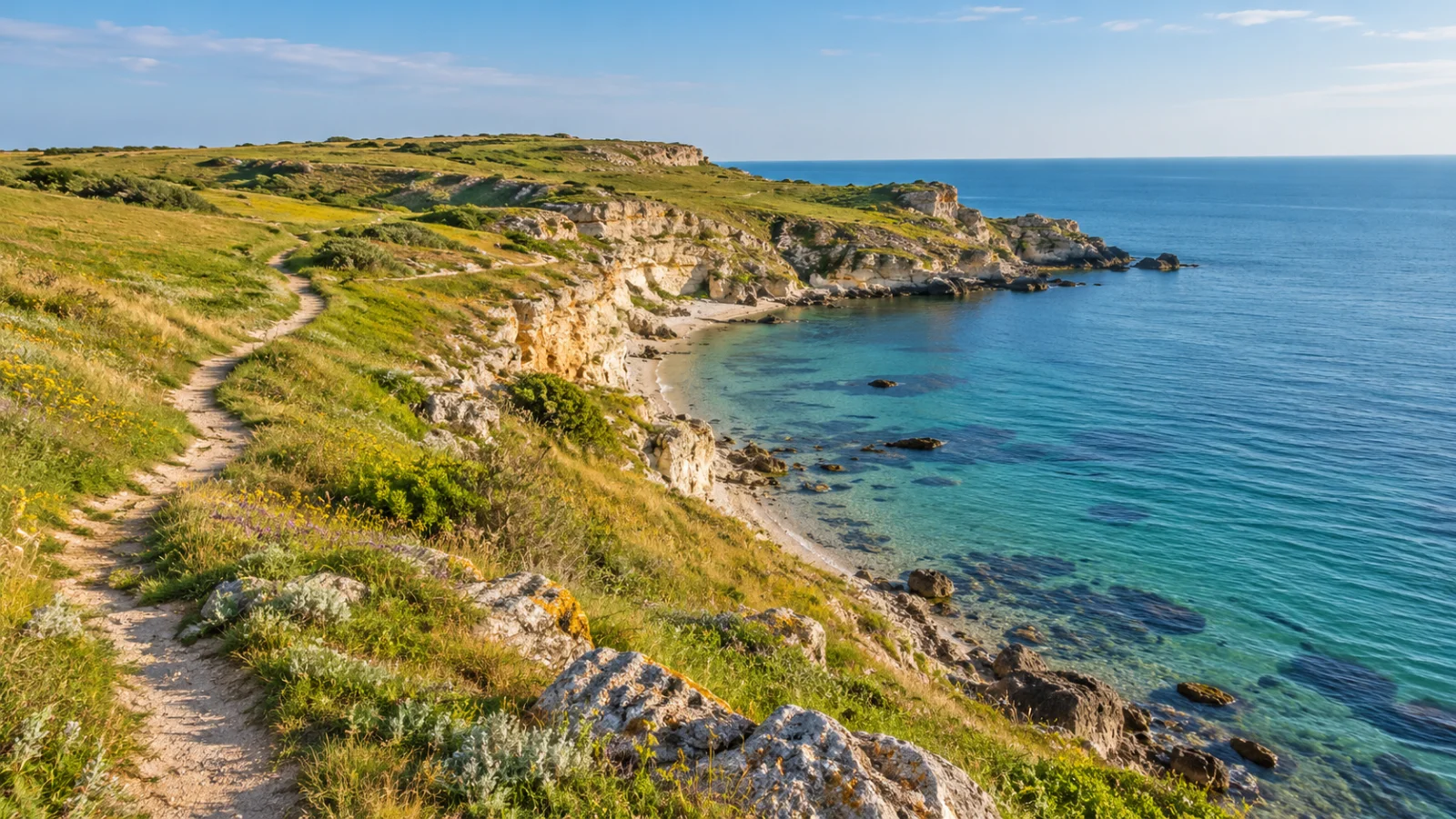 Grassy coastal path above pale cliffs and calm blue sea