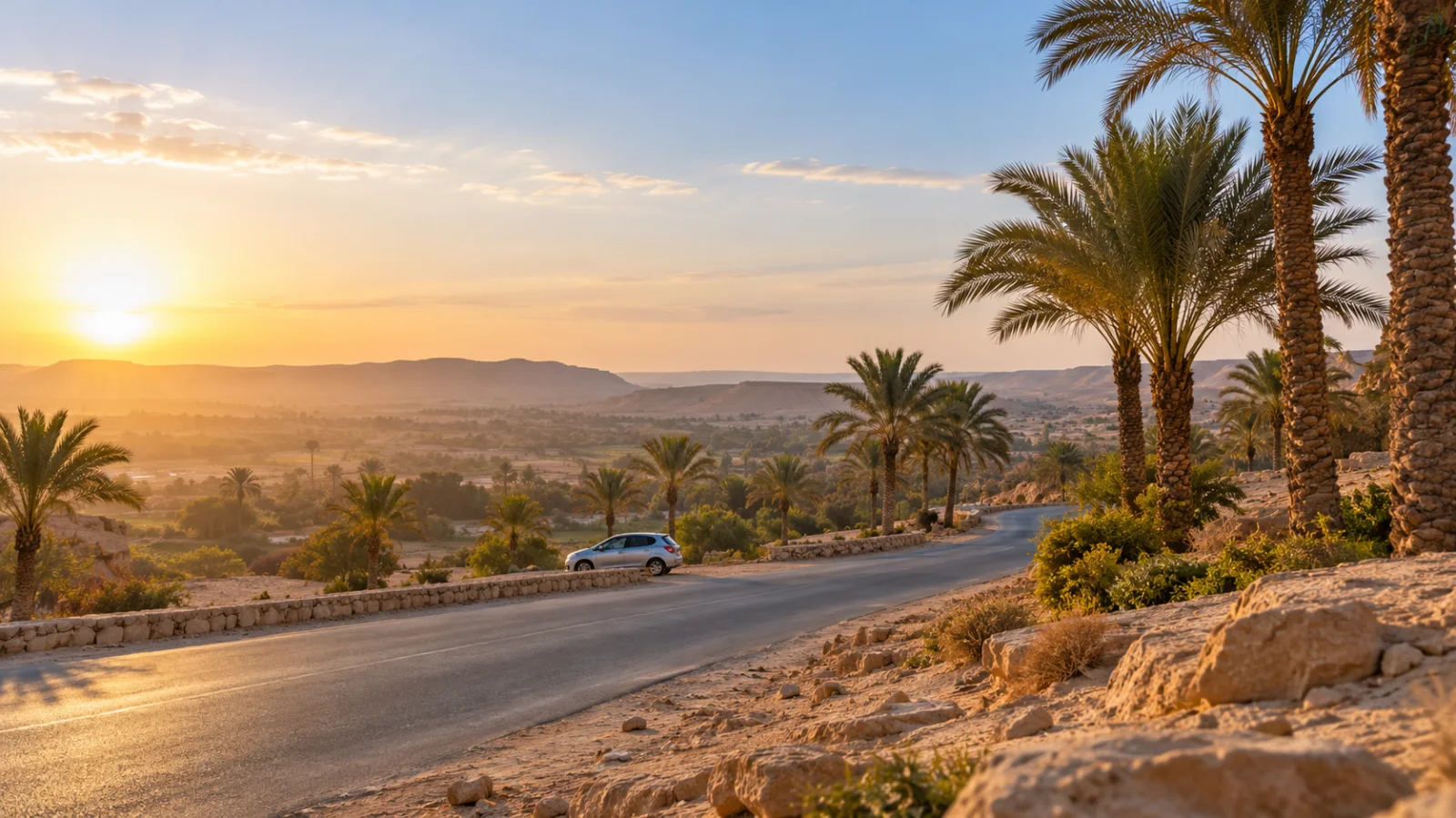 Palm-lined road above a sandy valley in warm morning light