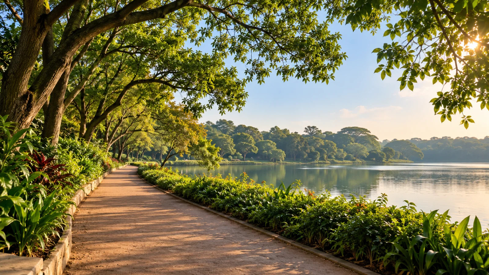 Tree-shaded path beside a broad green lakeside