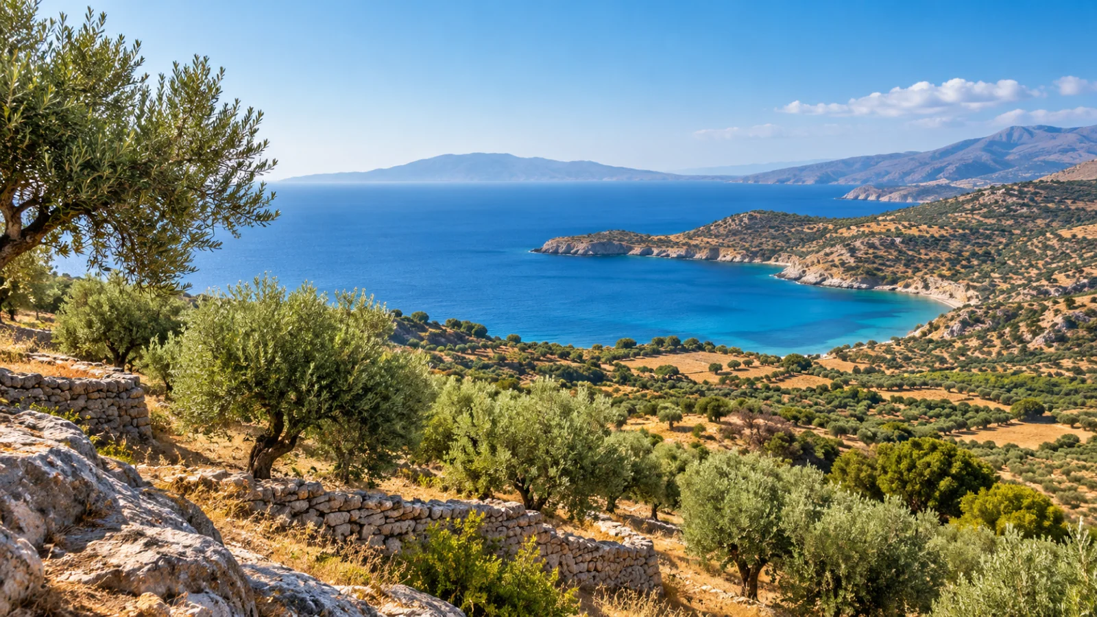Olive-covered hills and stone terraces above a blue bay