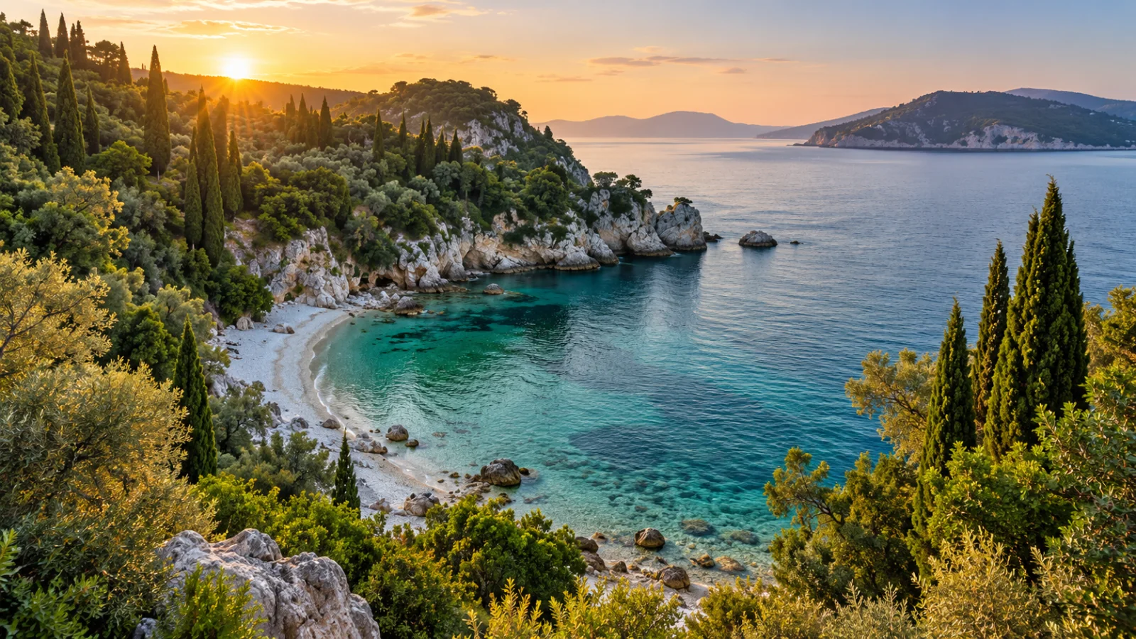 Olive and cypress trees above an emerald coastal cove