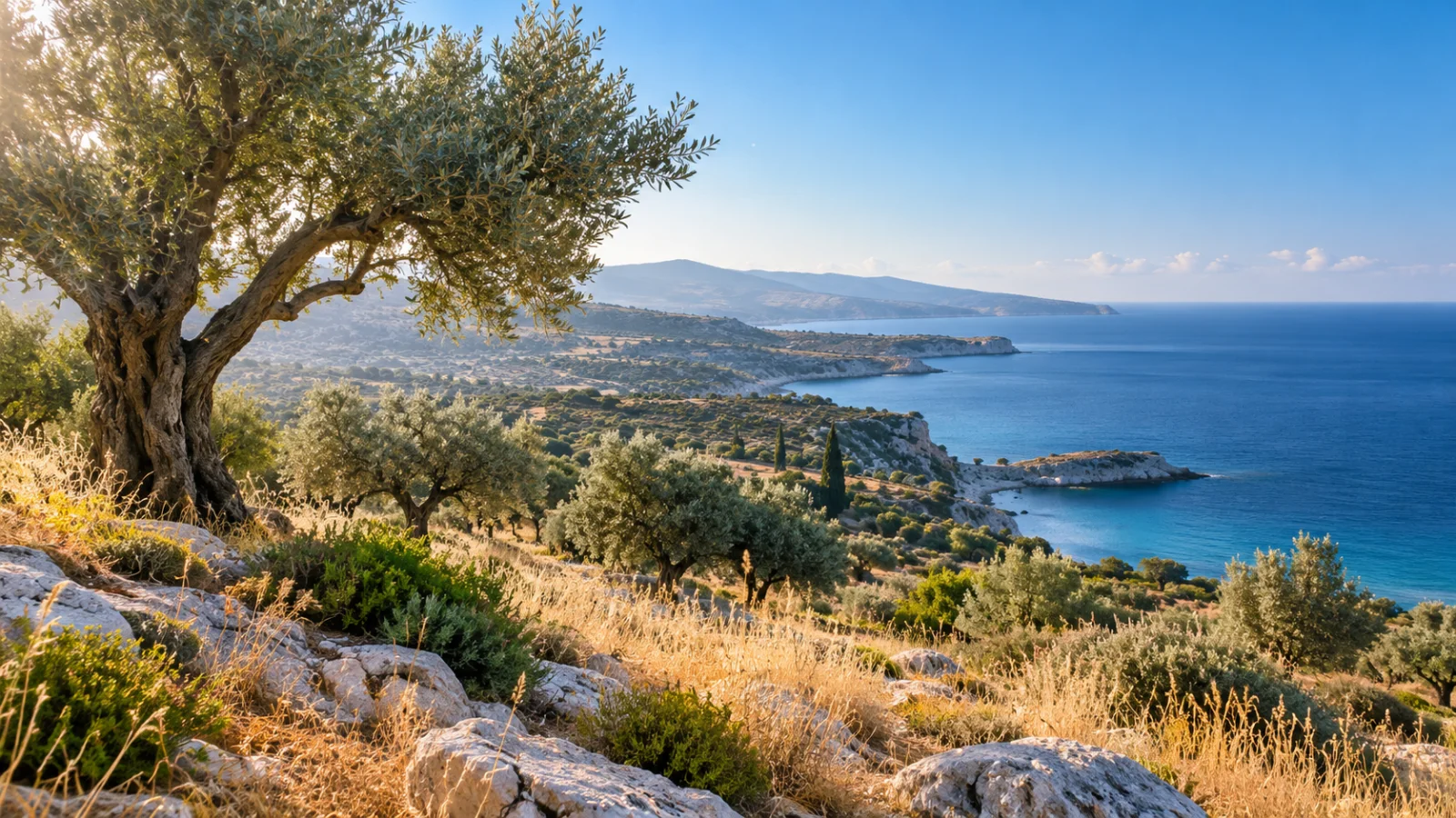 Limestone terrace and olive trees overlooking the Mediterranean