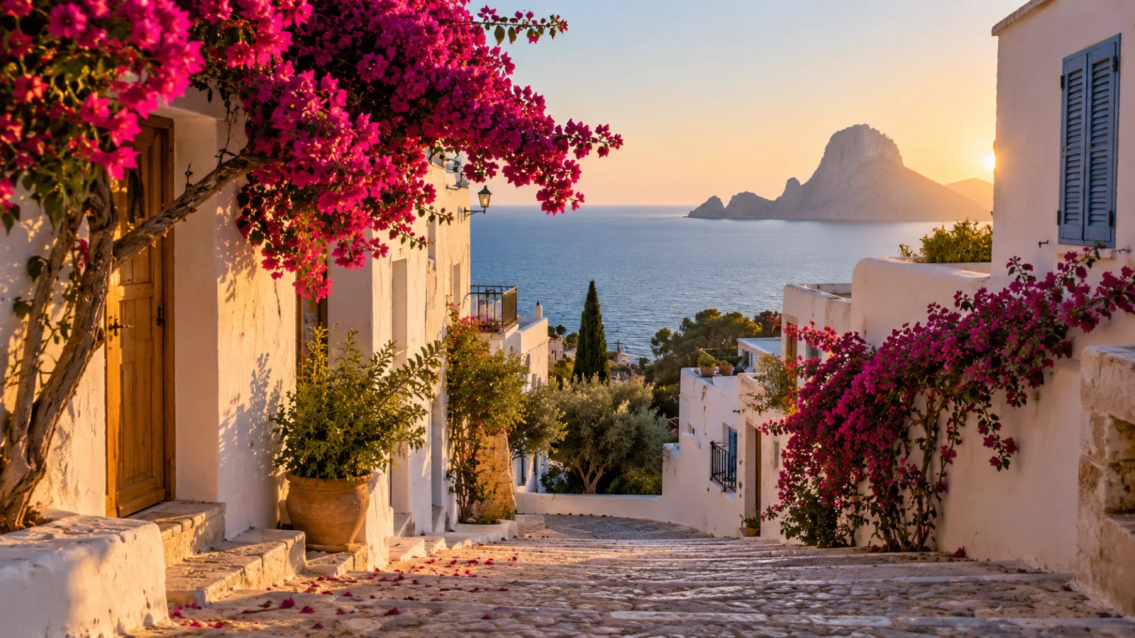 Whitewashed village lane with bougainvillea and a distant sea view