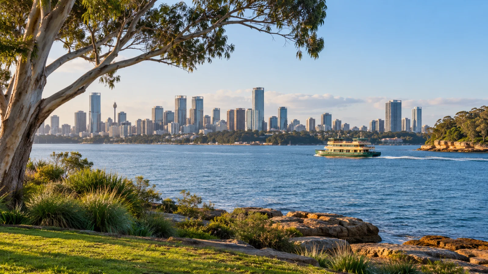 Ferry crossing a harbour toward a distant urban skyline
