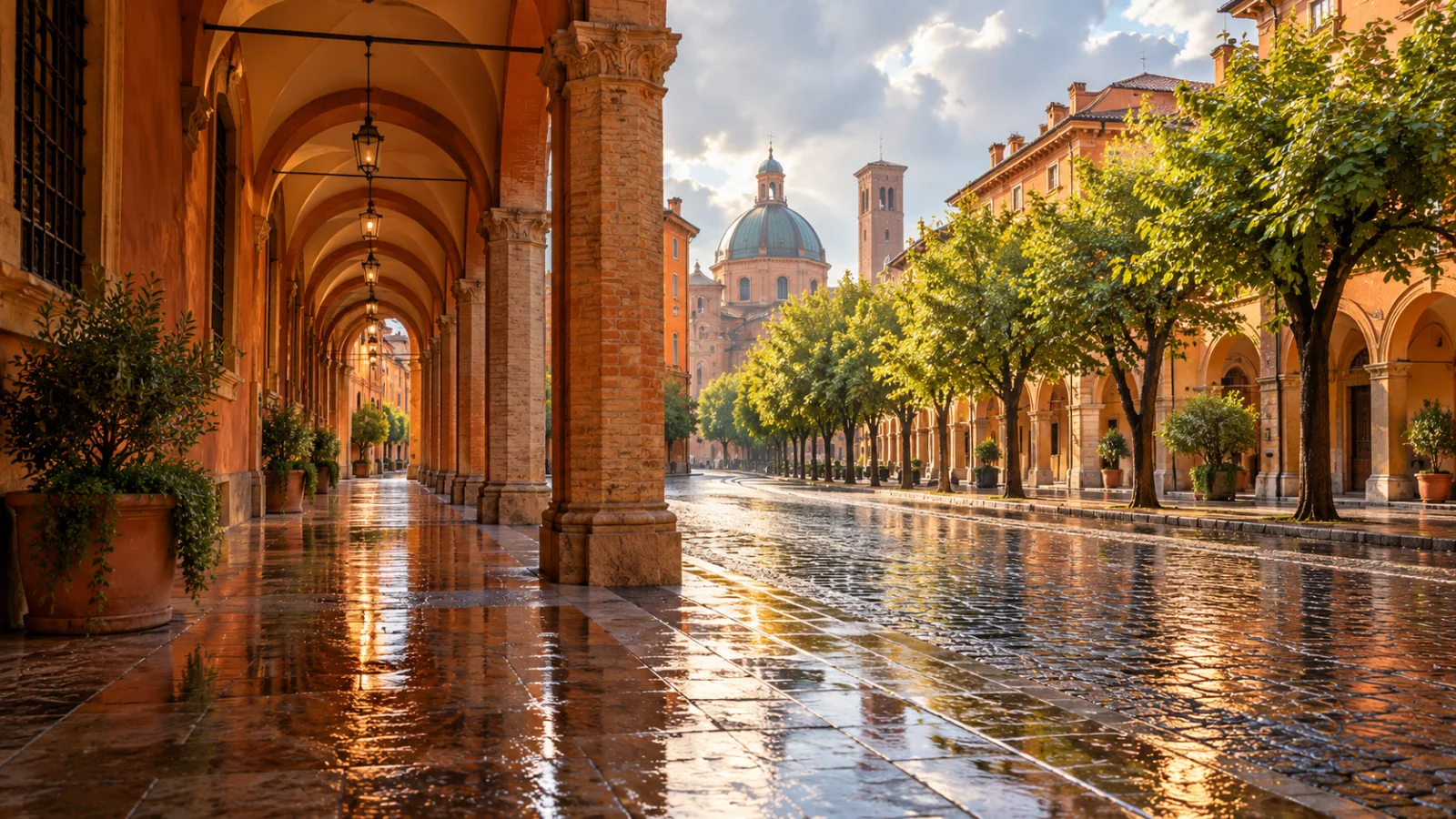 Brick arcades and a rain-wet tree-lined street in warm light