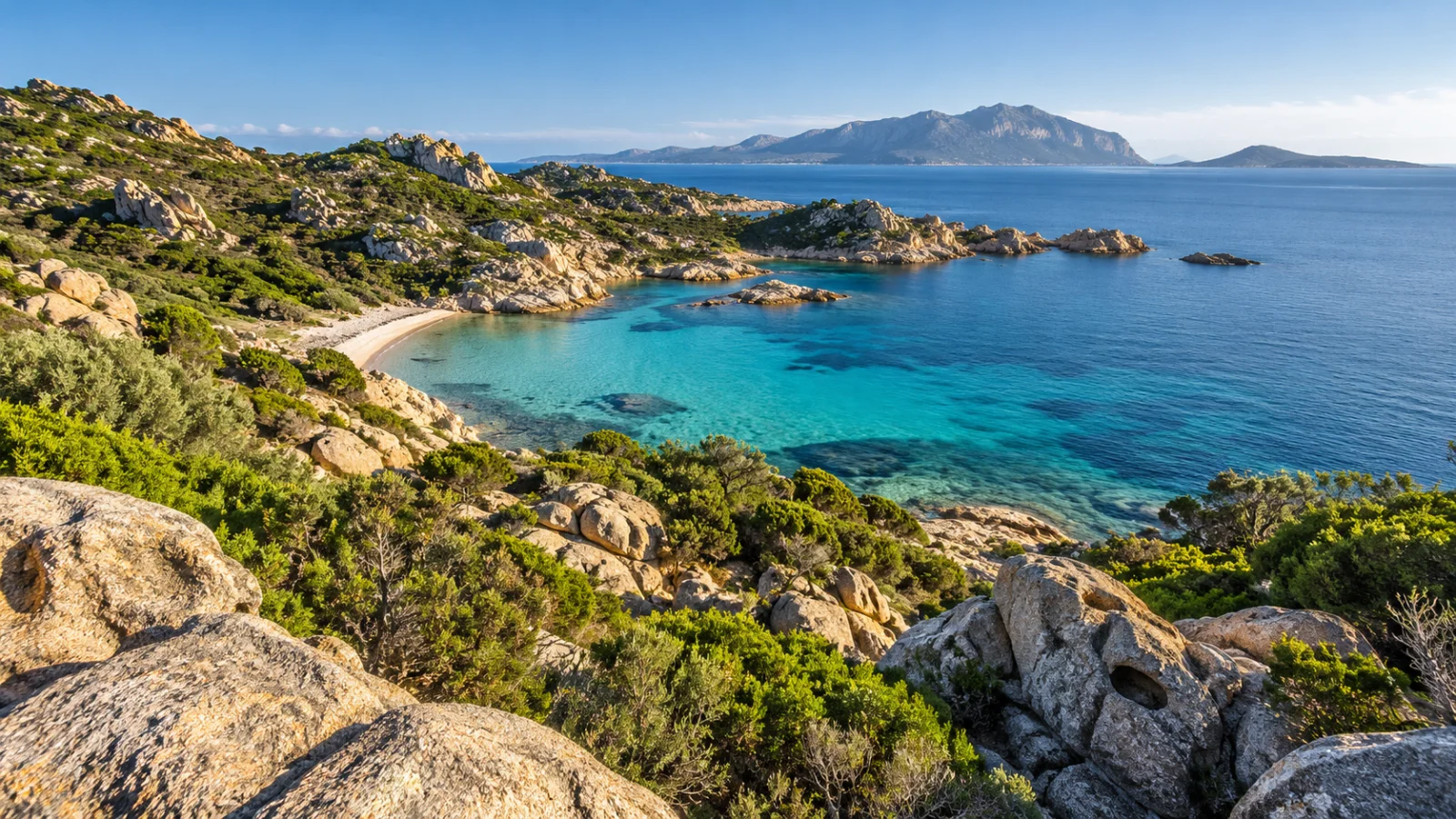 Granite rocks and Mediterranean scrub around a turquoise cove