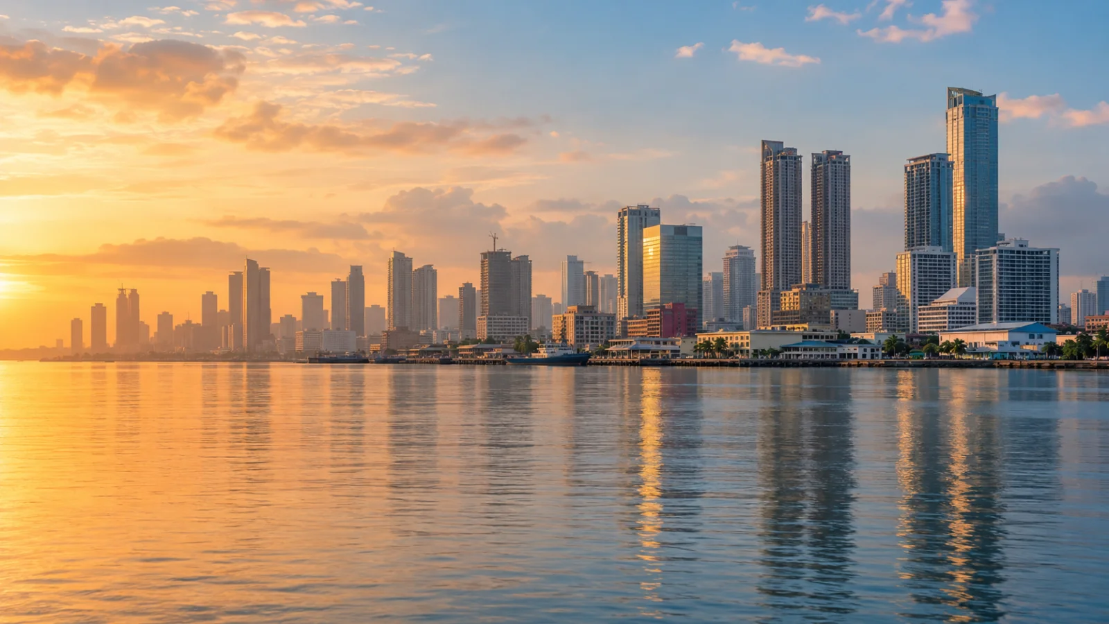 Modern waterfront skyline reflected in warm evening light