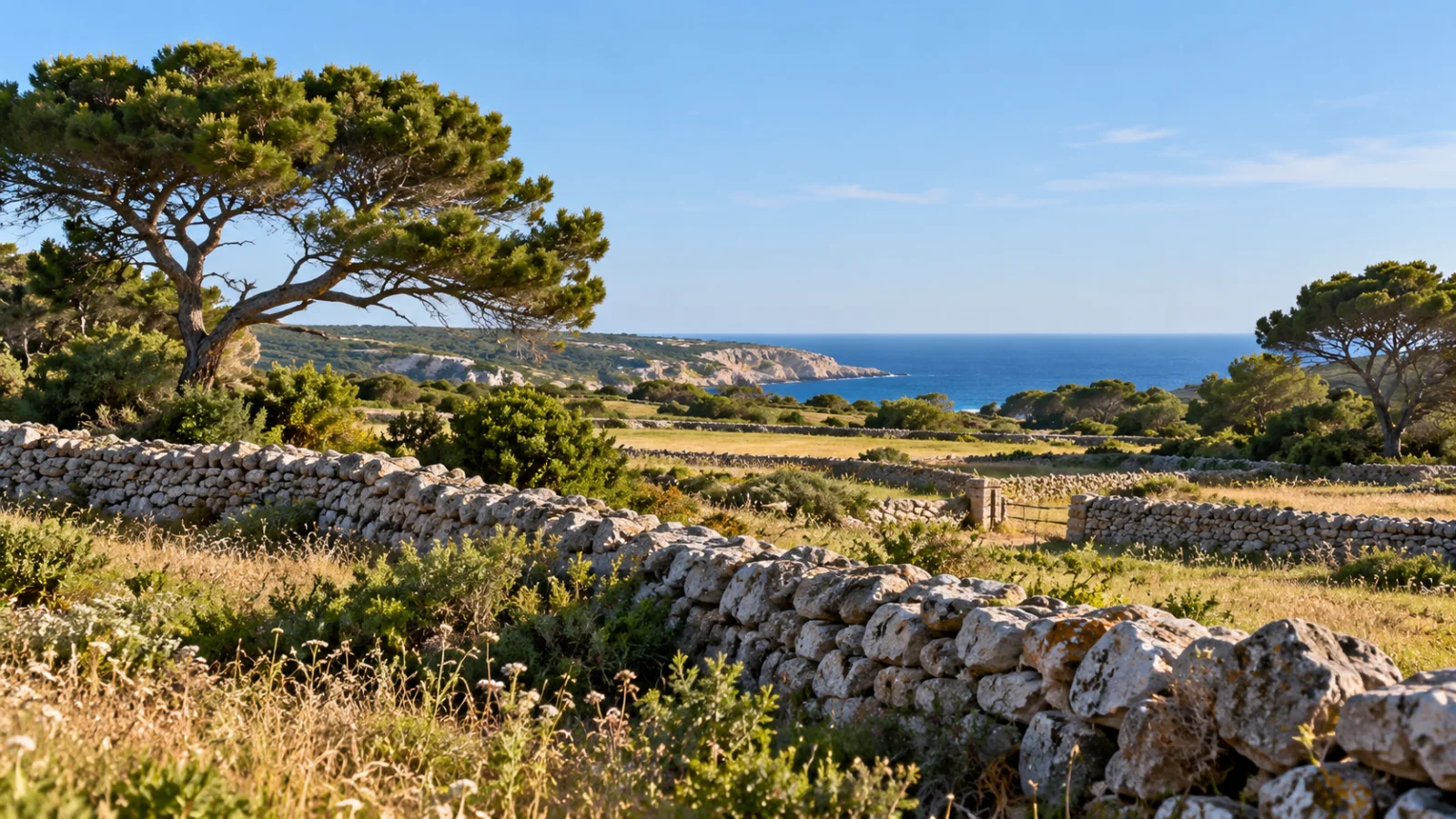 Dry-stone walls, wind-shaped pines and distant sea