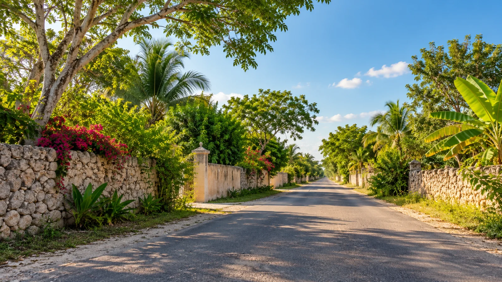 Quiet road between low stone walls and tropical greenery