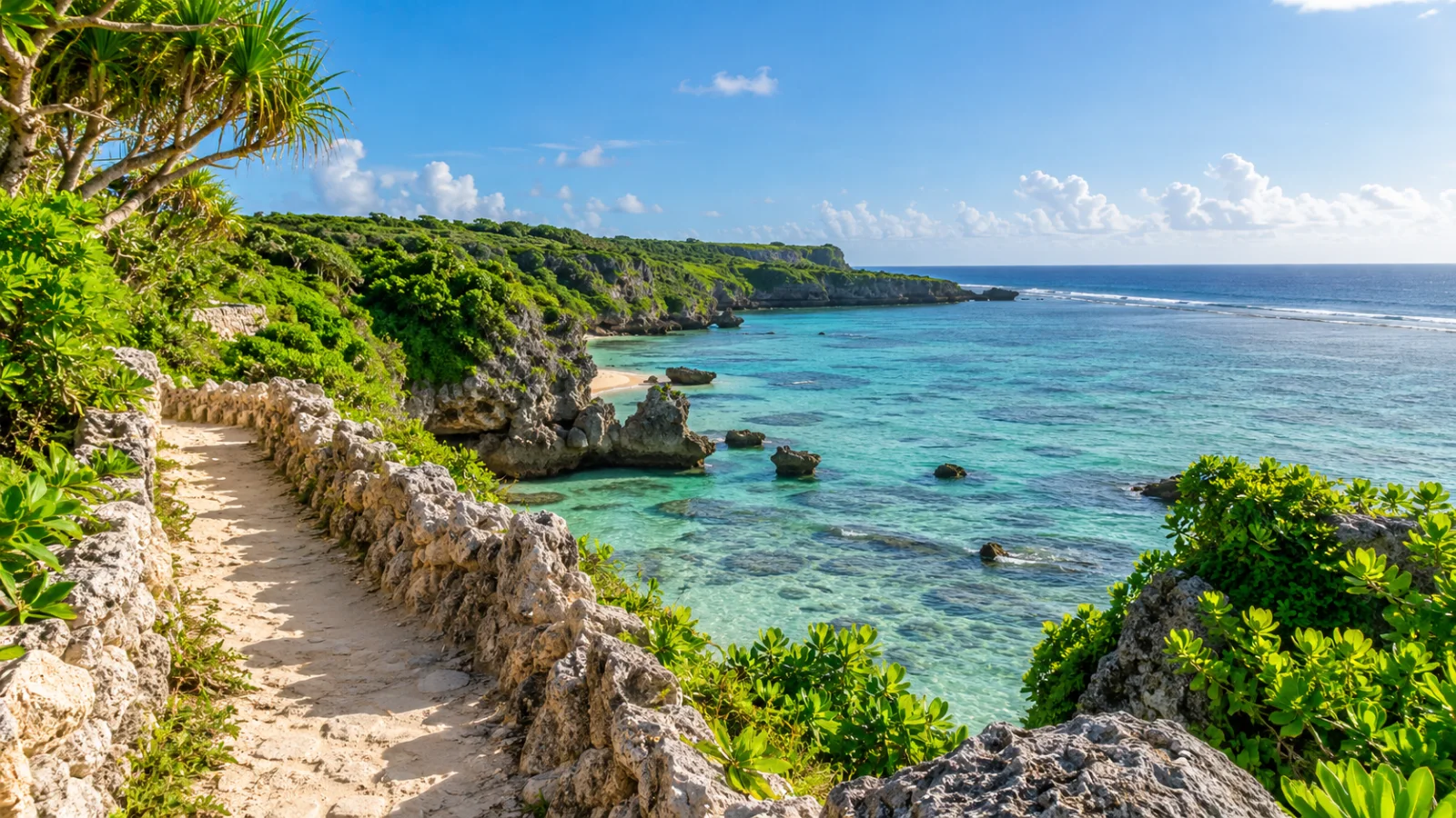 Coral-stone path and tropical foliage above turquoise shallows