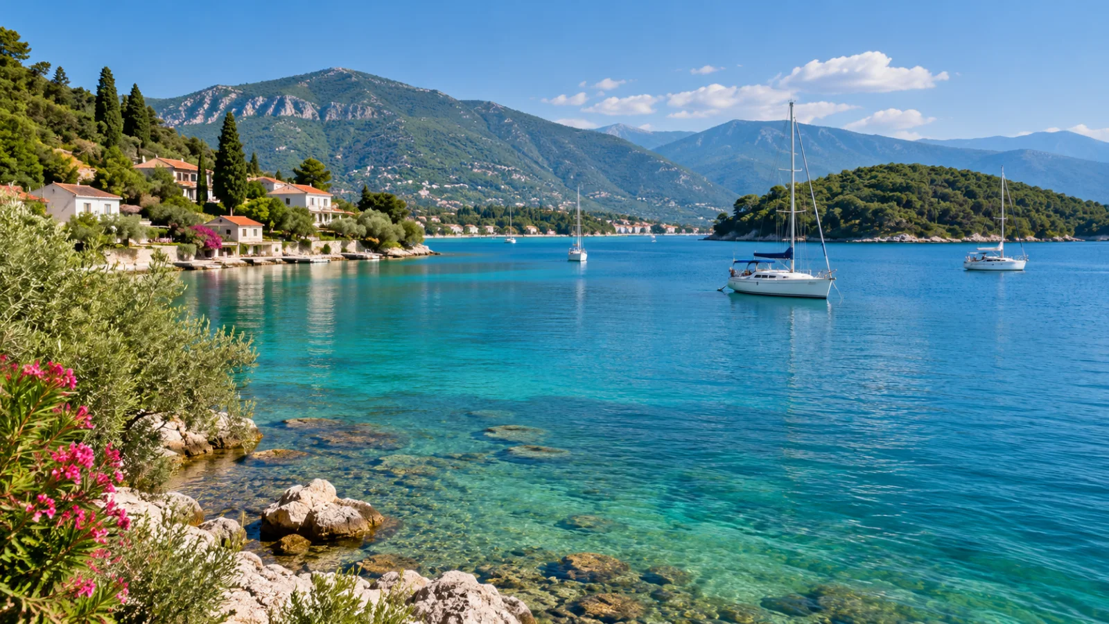 Sailboats in a green inlet with wooded hills and small houses