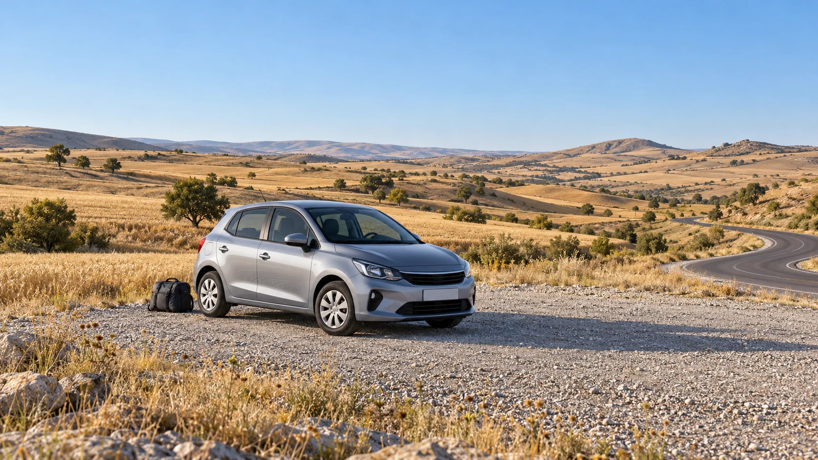 Silver car and travel bag at a turnout above golden fields and dry hills