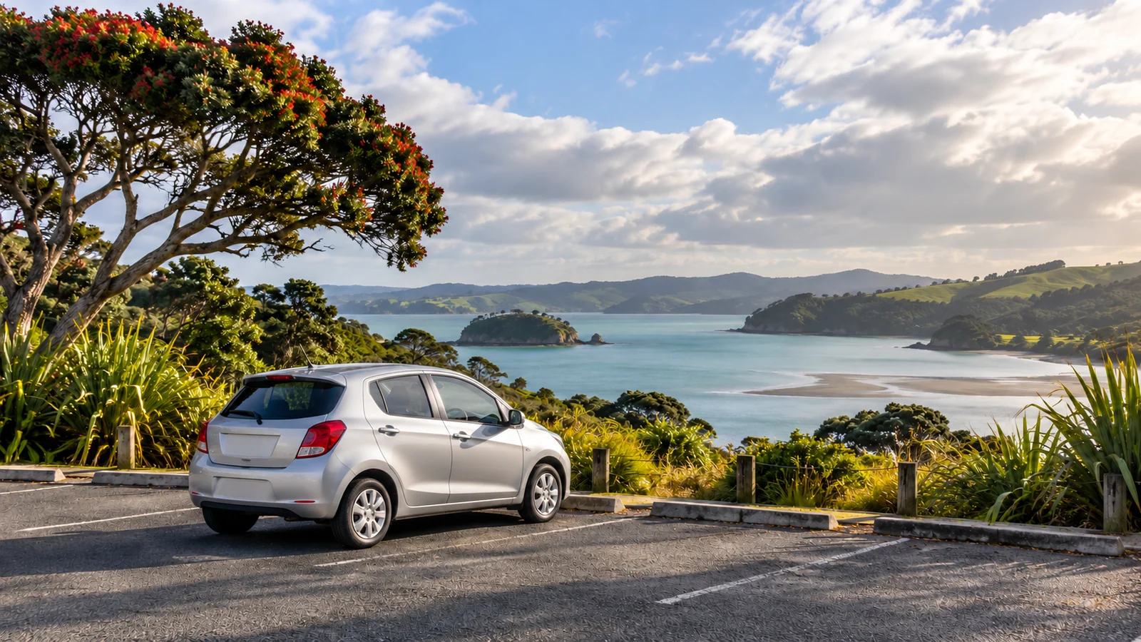 Silver hatchback above a tidal inlet with green hills and coastal trees