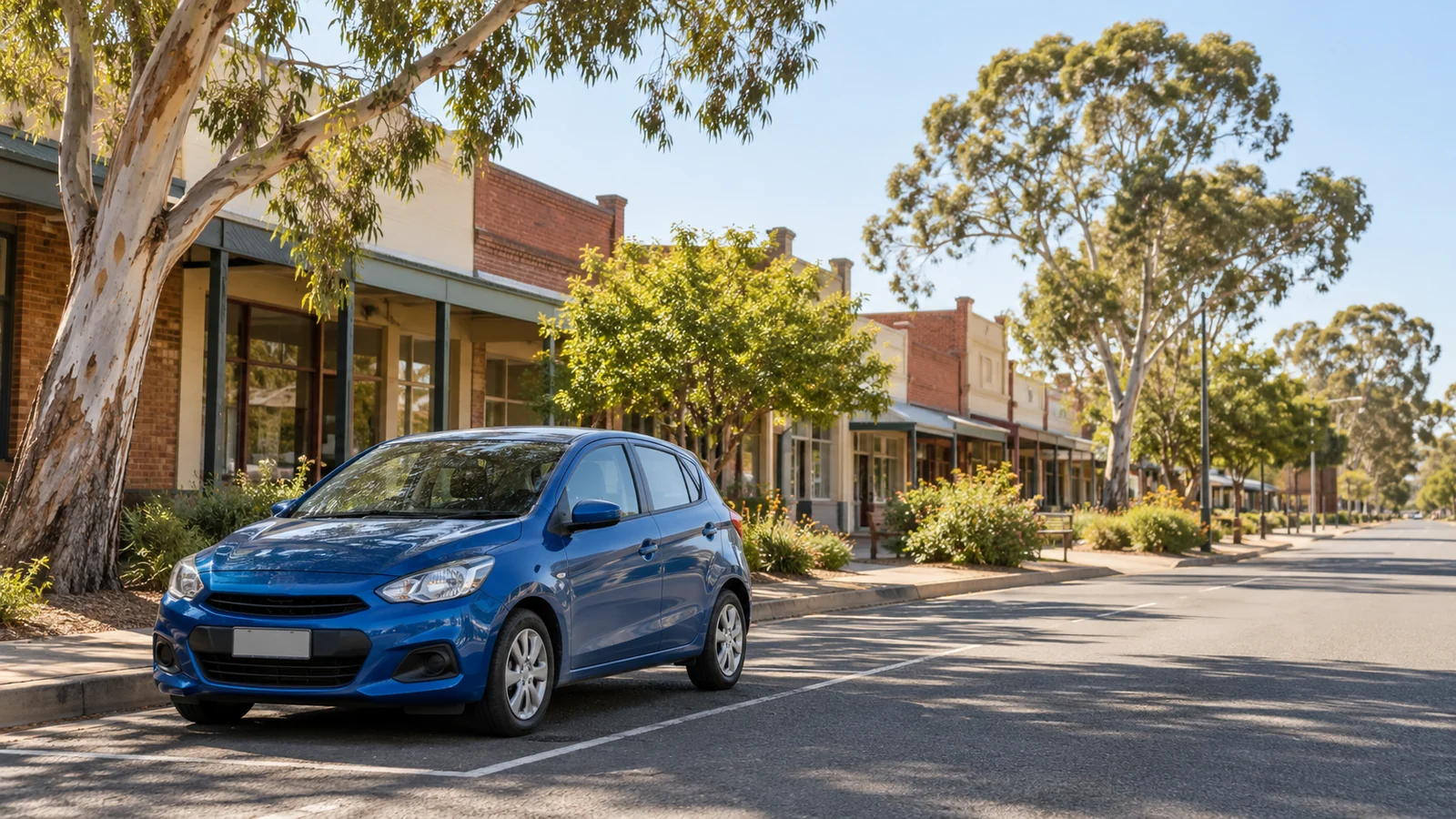 Blue hatchback parked beside brick shopfronts and eucalyptus trees