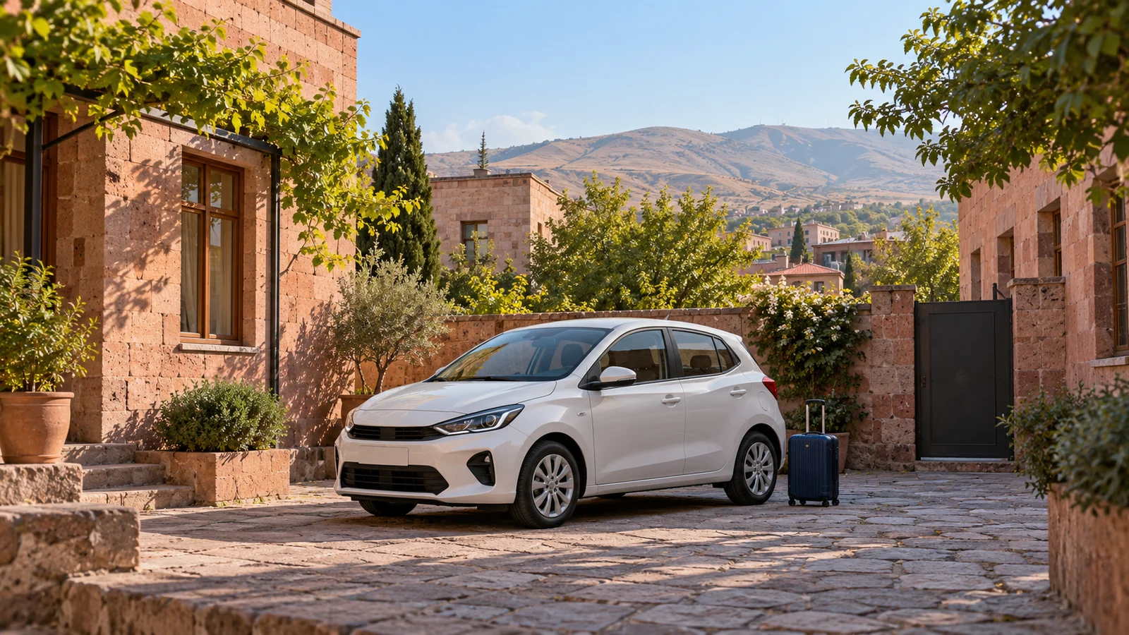 White hatchback and suitcase in a courtyard with pink stone walls