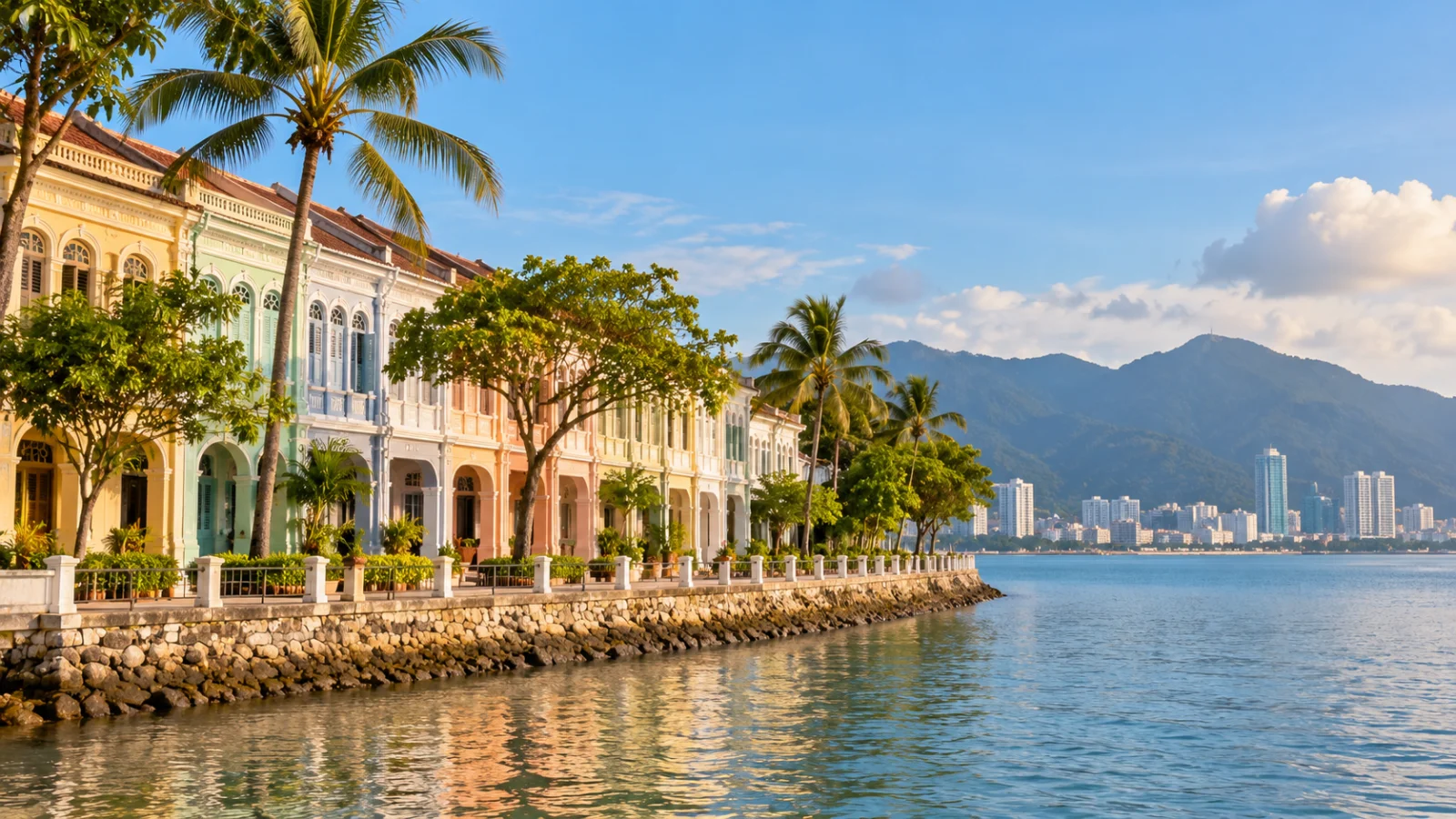 Pastel waterfront buildings beneath palms across still water
