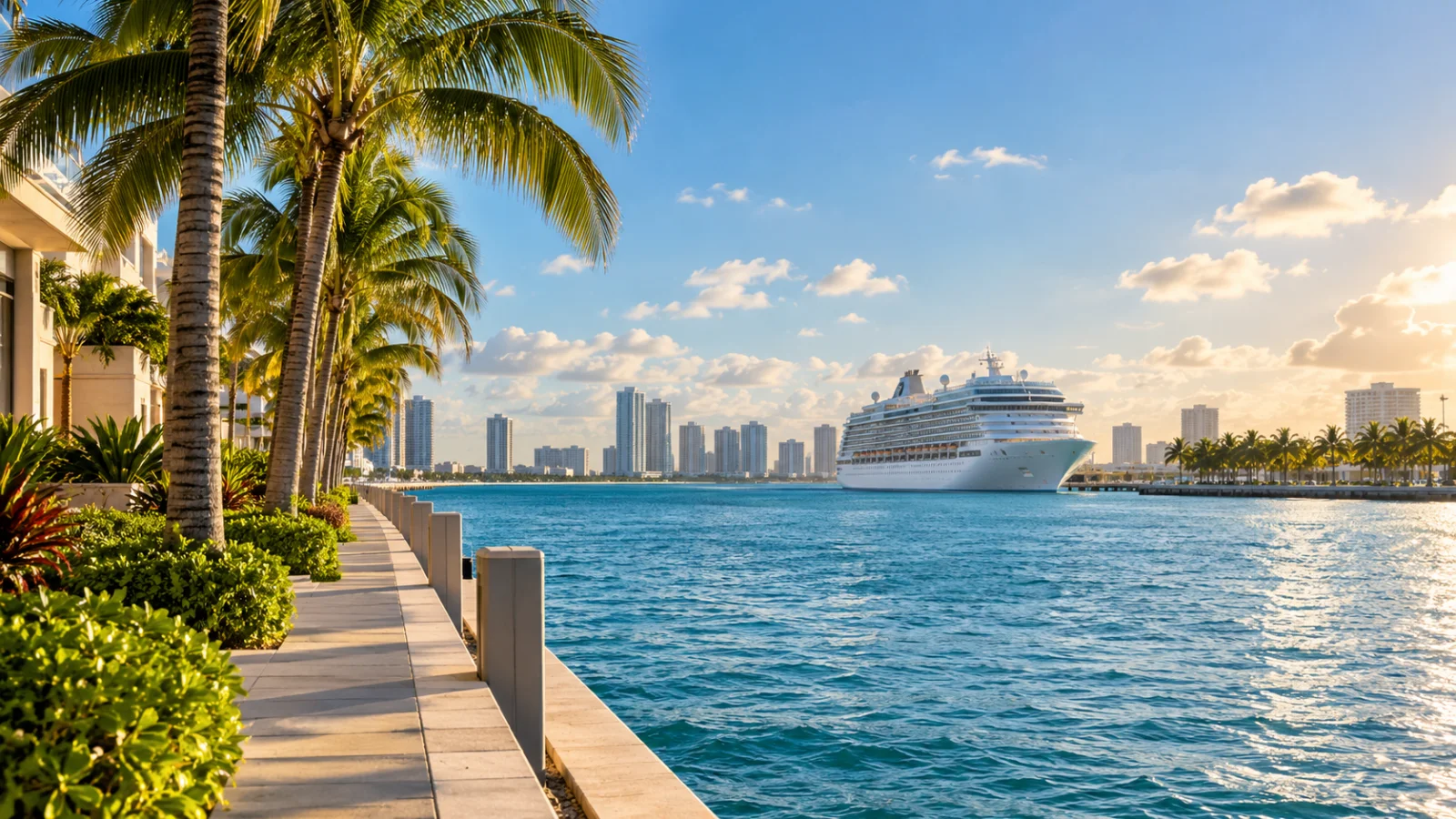 Palm-lined quay overlooking a white cruise ship across calm water