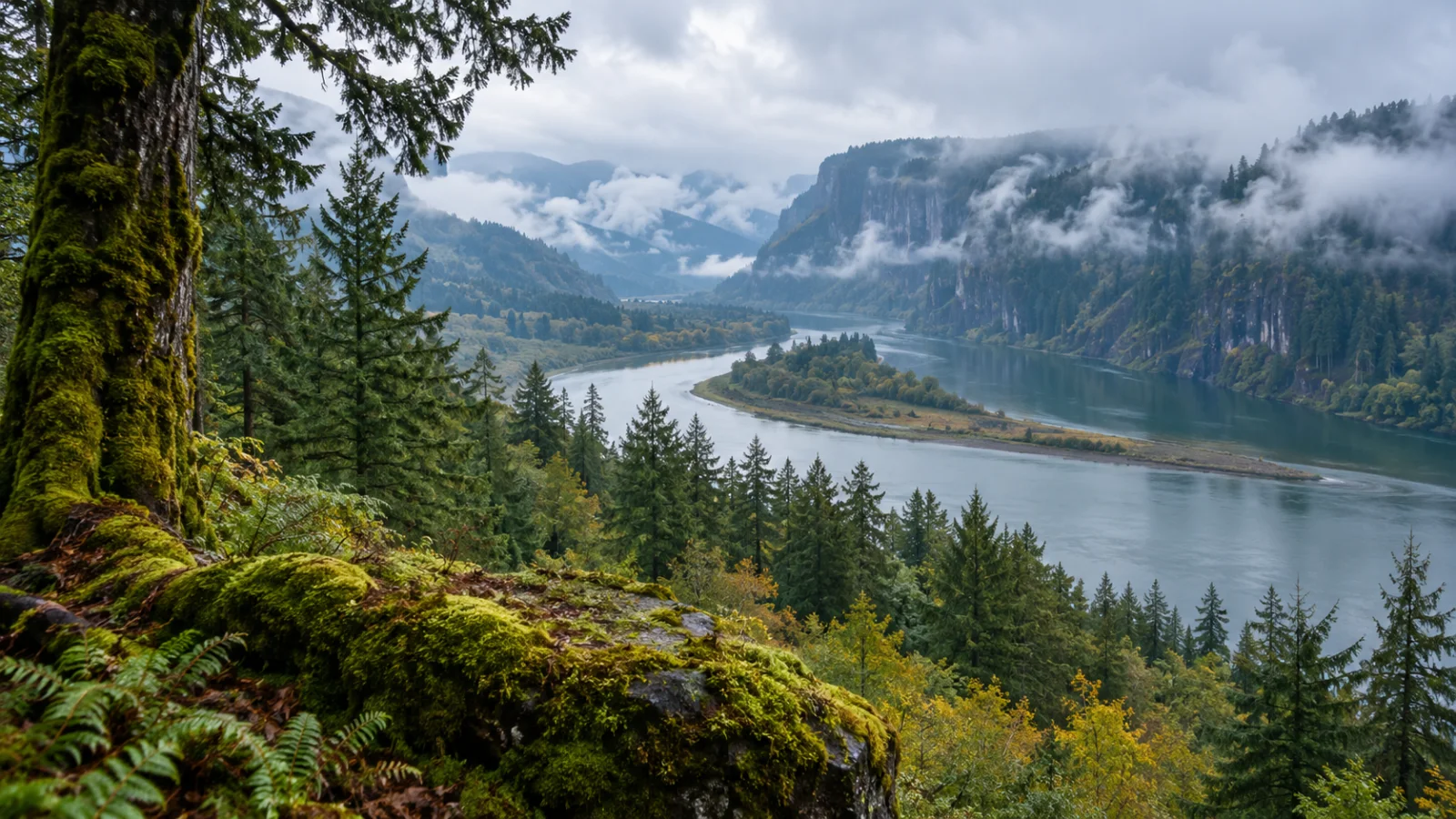 Mossy forest and misty cliffs beside a broad river