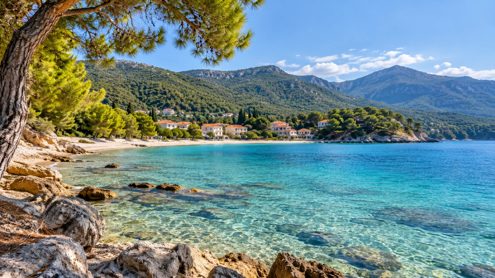 Pine-framed beach and clear water below green hills