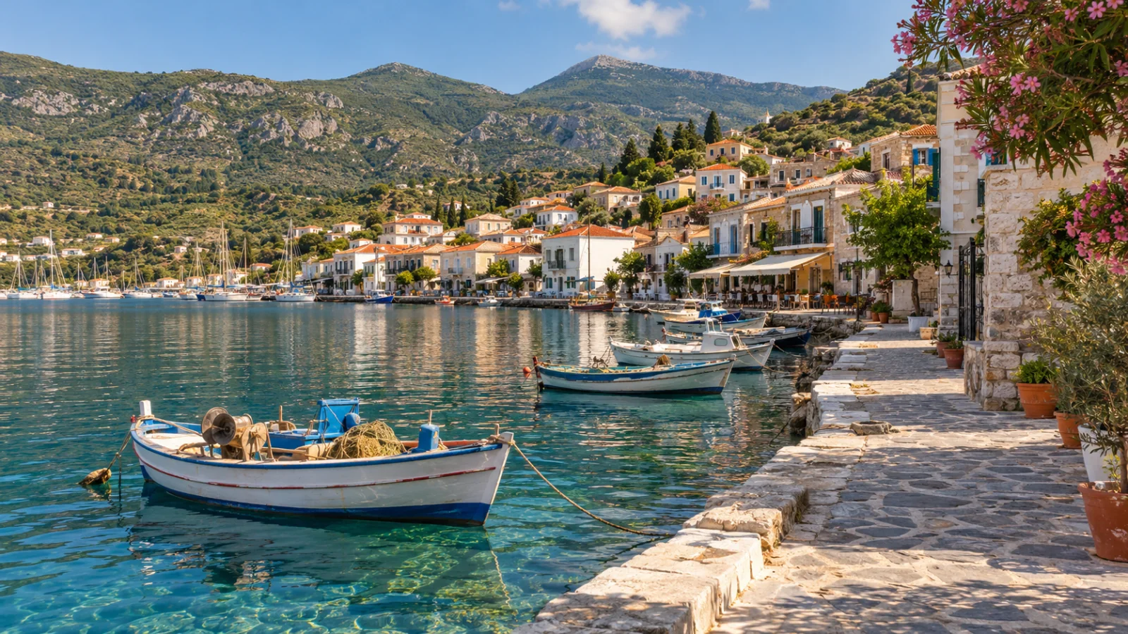 Fishing boats along a stone waterfront below green hills