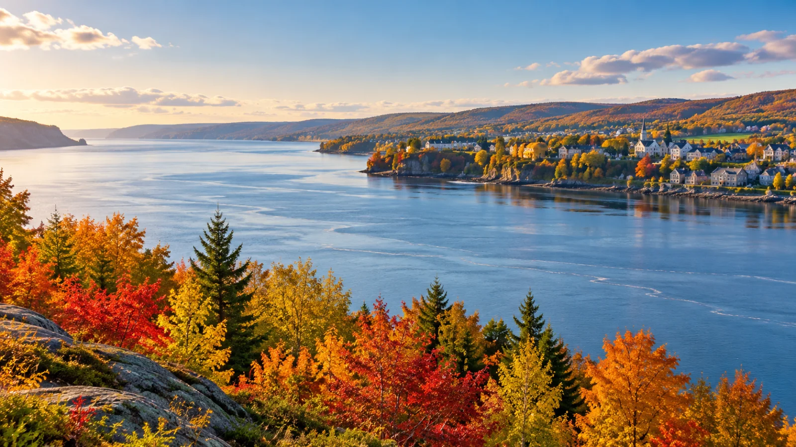 Autumn woodland and pale village roofs beside a broad river